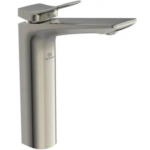 Moderne armatur von Ideal Standard mit hohem, geraden Auslauf und leicht zu bedienendem Hebel. Oberfläche in Silber.
